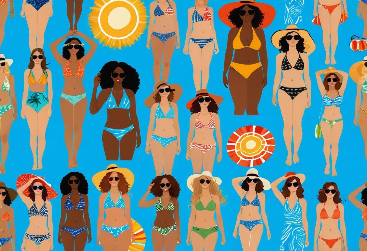 A vibrant seaside scene showcasing diverse women of different body types confidently wearing stylish bikini sets. Each bikini is unique, with patterns and colors that reflect personal style, surrounded by beach accessories like sunglasses, hats, and beach towels. The sun is shining, casting a warm glow on the ocean waves, with a clear blue sky in the background. super-realistic. vibrant colors. sunny beach atmosphere.
